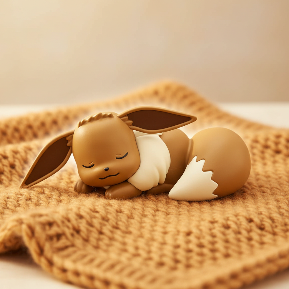 Eevee Oyasumi figure on cosy caramel blanket