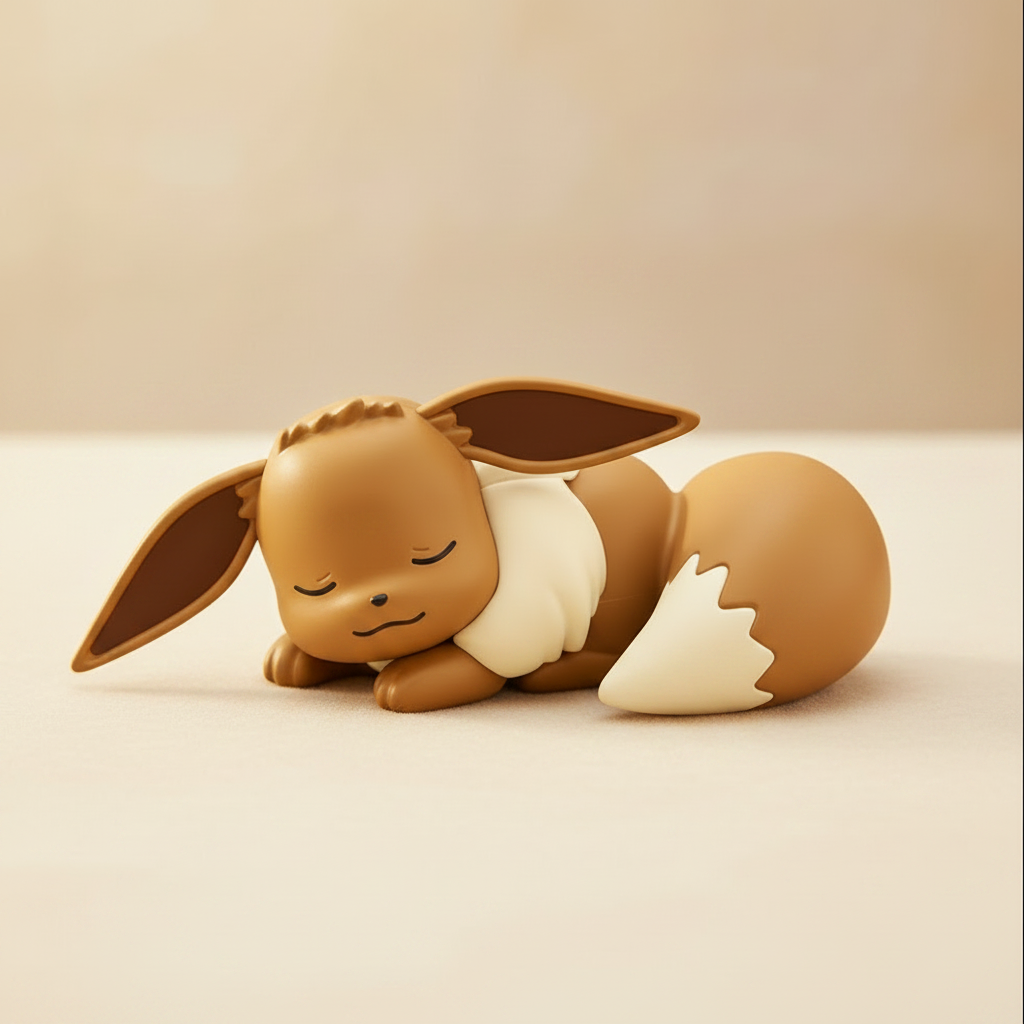 Sleeping brown and white creature figurine on a beige background